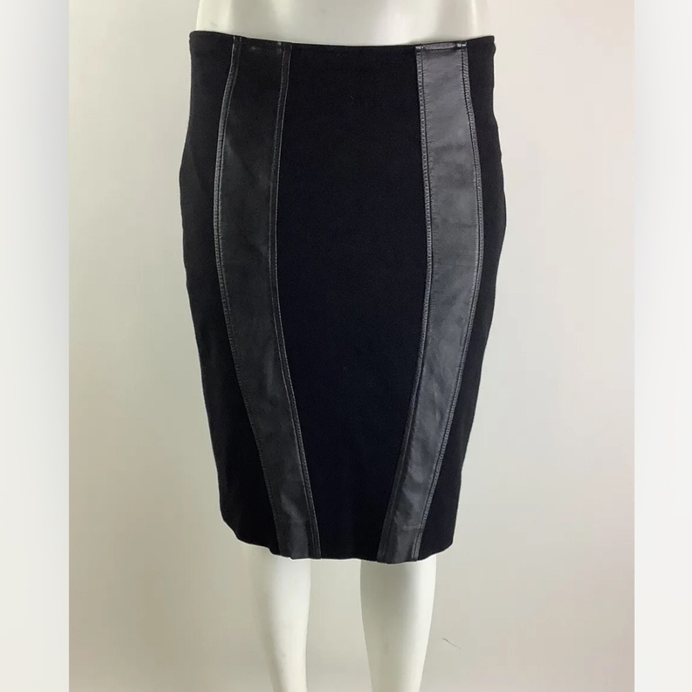 Donna Degnan Sz 8 Lamb Skin Leather Trimmed Pencil Skirt Black Rayon Business